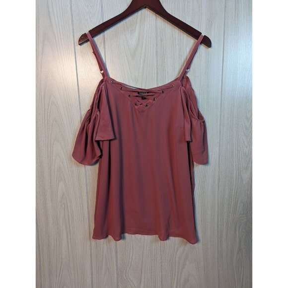 TORRID Georgette Lace-Up Cold Shoulder Blouse Sz 1 Solid Pink Summer Cute - Picture 1 of 6